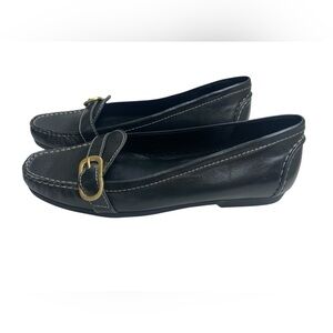 Talbots Black Leather Flat Loafers with Gold Buckle 8.5